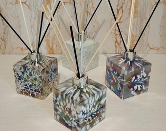 Handcrafted Square Glass Diffuser Bottle – Unique Iridescent Home Decor, Artisan Reed Diffuser, Elegant Room Fragrance, Gift Idea