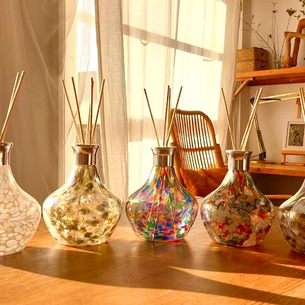 Handmade Iridescent Glass Diffuser Bottle: Artistic Home Aroma Decor