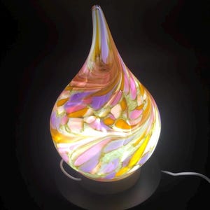 Pink Glass Lamp | Handblown Glass Teardrop Lamp – Colorfull Swirl Night Light | Unique Art Glass Decor | Soft Ambient Light