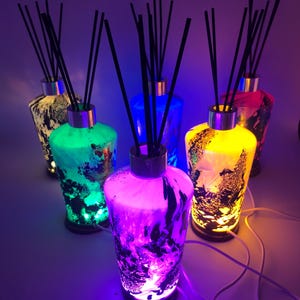 Handcrafted Glass Diffuser Bottle With Led Light – Unique Iridescent Home Decor, Artisan Reed Diffuser Lamp, Elegant Room Fragrance