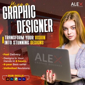 Contratar um designer gráfico Design de logotipo Cartão de visita Kit de marca empresarial Serviço de design gráfico Cartazes personalizados Designs de mídia social
