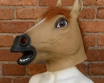 Horse Head Latex Mask Stallion Brown Hair Novelty Funny Fancy Dress Costume Accessory
