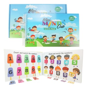 May include: A colorful activity book for toddlers with the title "Mini Minds Club Activity Book" and the words "Count and match the numbers" on the pages. The book features illustrations of children and colorful numbers.