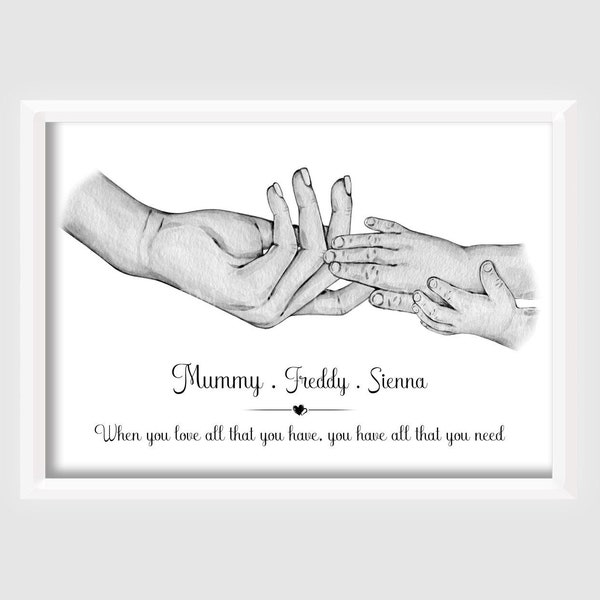 Personalised Family Mummy Print | Hands Up To 4 Children ONLY! | Unframed |  Boy Girl | Present Gift Single Mum | Bows | Mommy Mom