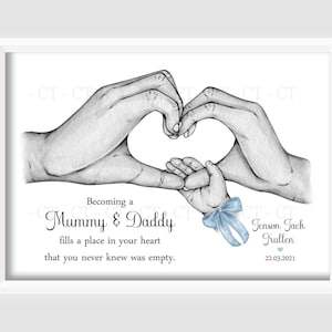 Personalised Mummy Daddy Family Print New Baby Birth Hands ONE CHILD ONLY! Unframed Black & White Blue Pink Bow Parents Newborn