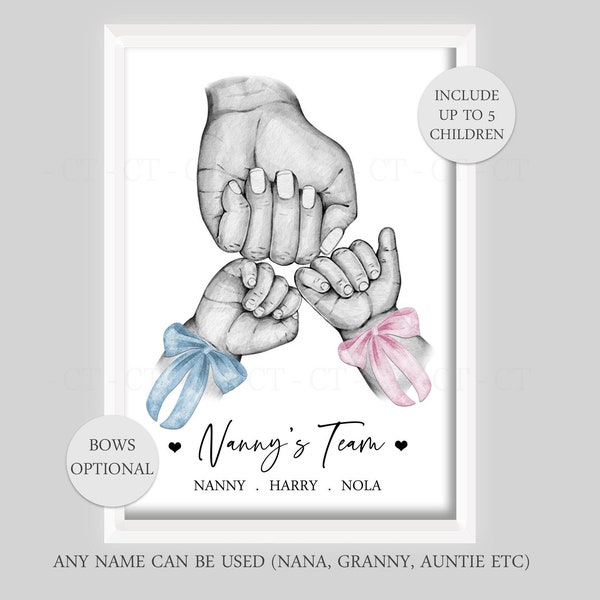 Personalised Family Nanny's Team Print Fist Hands Up To 5 Children ONLY! Unframed Boy Girl Bow Blue Pink Present Gift Nana Granny Nanna