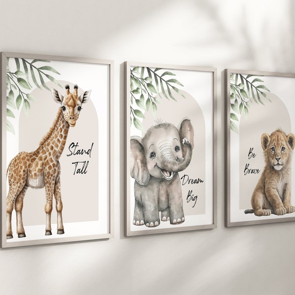 Safari Elephant Giraffe Lion Animal Baby Girls Boys A4 or A3 Nursery Set Of Unframed Prints Unisex Neutral Boho Quote Beige Jungle