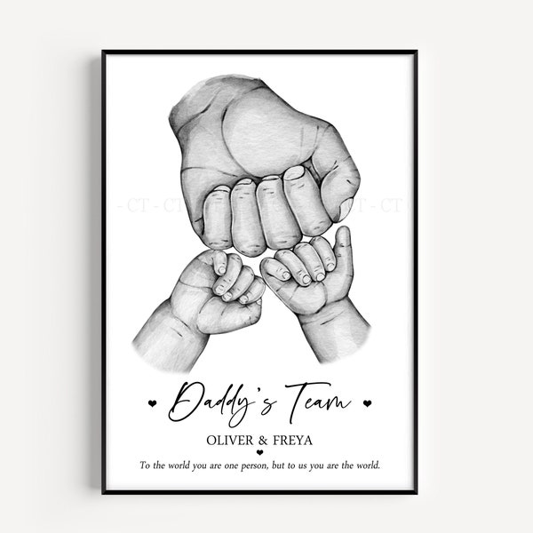 Personalised Family Daddy's Team Print Fist Hands Up To 5 Children ONLY! Unframed Boy Girl Father's Day Present Gift Dad