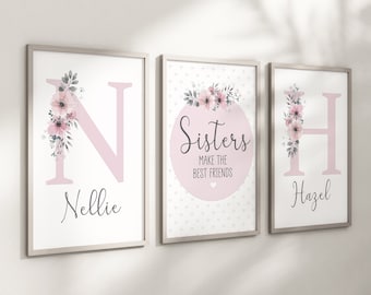 Girls Personalised Sister Prints A4 or A3 Nursery Set of Unframed Pink ...