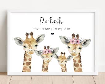 Personalised Giraffe Family Gift Print Up To 7 Family Members UNFRAMED