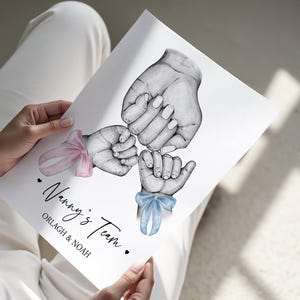 May include: A white print featuring a black and white pencil-style illustration of three hands joined together in a fist bump. One wrist has a pink bow, another has a blue bow. The text reads Nanny's Team and the names ORLAGH & NOAH.