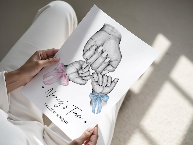 May include: A white print featuring a black and white pencil-style illustration of three hands joined together in a fist bump. One wrist has a pink bow, another has a blue bow. The text reads Nanny's Team and the names ORLAGH & NOAH.