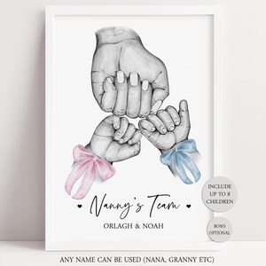May include: A framed print featuring a black and white pencil sketch of one large hand holding two smaller hands. The smaller hands have pink and blue bows tied around the wrists. Text reads Nanny's Team, Orlagh & Noah, Include up to 8 children, Bows optional, Any name can be used.