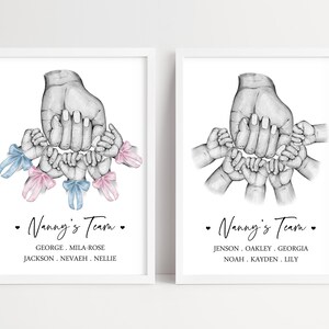 May include: Two framed prints featuring a central adult hand holding multiple baby hands. The left print includes blue and pink ribbons on the baby wrists. Both prints display the text Nanny's Team followed by a list of names in black ink.