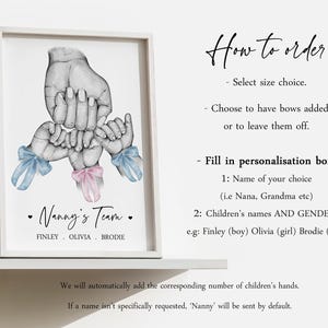 May include: A framed print featuring a pencil-style illustration of one large hand holding three smaller hands, with blue and pink bows on the wrists. The text reads "Nanny's Team" followed by the names "FINLEY", "OLIVIA", and "BRODIE". Instructions for ordering are included on the right side.