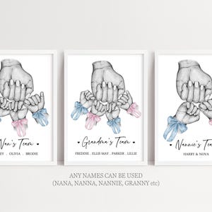 May include: Three framed art prints featuring a black and white pencil sketch of a large hand holding several smaller hands, each adorned with a small blue or pink watercolor ribbon. The text reads Nan's Team, Grandma's Team, and Nannie's Team.