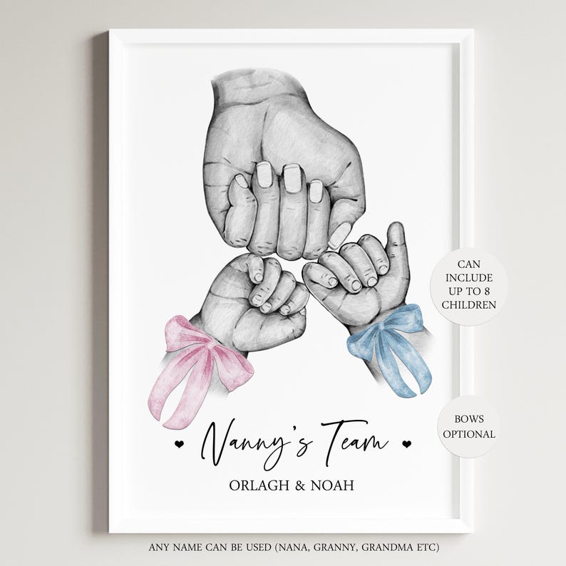 May include: A framed art print featuring a pencil-style sketch of one large hand and two smaller hands joined together. The smaller hands feature a pink bow and a blue bow. Text reads: Nanny's Team, ORLAGH & NOAH, CAN INCLUDE UP TO 8 CHILDREN, BOWS OPTIONAL.