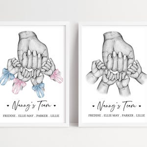 May include: Two framed prints featuring a black and white pencil sketch of one large hand holding four smaller baby hands. The left print includes blue and pink ribbons on the wrists. Both prints feature the text Nanny's Team and four names.