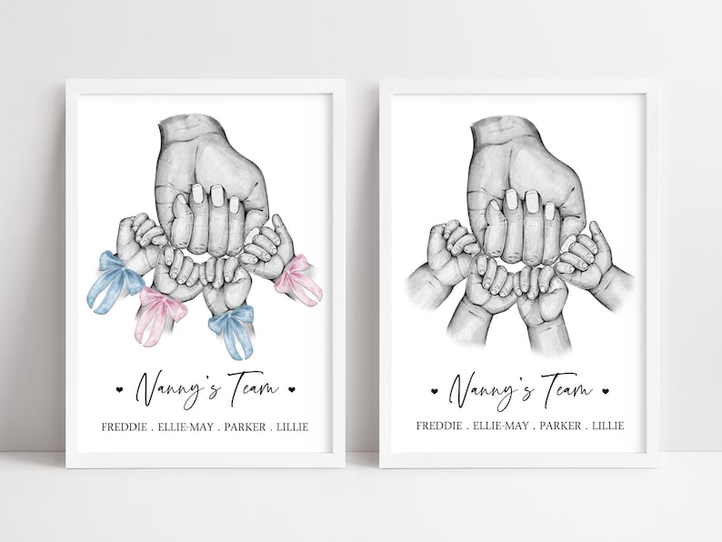 May include: Two framed prints featuring a black and white pencil sketch of one large hand holding four smaller baby hands. The left print includes blue and pink ribbons on the wrists. Both prints feature the text Nanny's Team and four names.