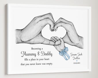 Personalised Mummy Daddy Family Print New Baby Birth Hands ONE CHILD ONLY! Unframed
