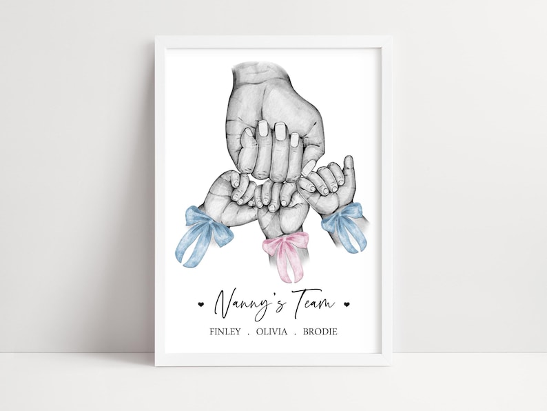 May include: A framed print featuring a black and white pencil sketch of one large hand holding three smaller hands. The smaller hands feature light blue and pink ribbon bows at the wrists. The text reads Nanny's Team, FINLEY, OLIVIA, BRODIE.