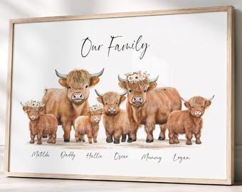 May include: A framed horizontal print featuring a watercolour illustration of six Highland cattle. The text Our Family is centred at the top. Below each cow are the names Matilda, Daddy, Hallie, Oscar, Mummy, and Logan in a cursive script font.
