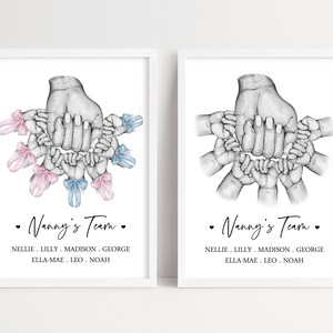 May include: Two framed prints featuring a central adult hand surrounded by seven smaller baby hands. The left print includes pink and blue ribbons on the wrists. Both prints display the text Nanny's Team followed by the names Nellie, Lilly, Madison, George, Ella-Mae, Leo, and Noah.