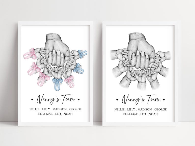 May include: Two framed prints featuring a central adult hand surrounded by seven smaller baby hands. The left print includes pink and blue ribbons on the wrists. Both prints display the text Nanny's Team followed by the names Nellie, Lilly, Madison, George, Ella-Mae, Leo, and Noah.