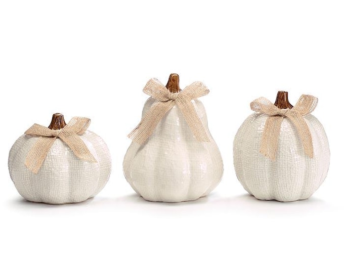 Off White Ceramic Pumpkins with Burlap Bows - Set of 3