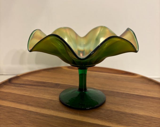 Antique Fenton Iridescent Green Carnival Glass Footed Compote Candy Dish