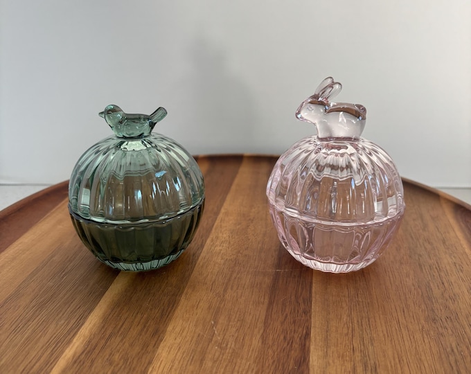 Glass Bunny or Bird Trinket Dish - Pink or Green