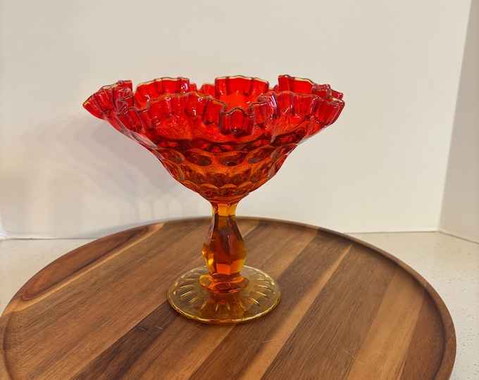 Vintage Fenton Art Glass Company Amberina Ruffled Glass Thumbprint Pedestal Compote Candy Dish