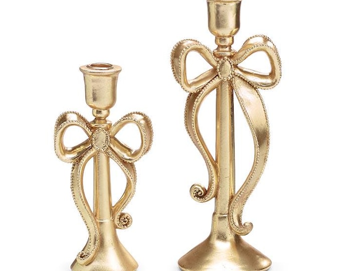 Gold Bow Varied Taper Candle Holders - Set of 2