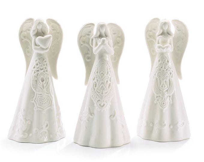 White Embossed Porcelain Angel Figurines - Set of 3