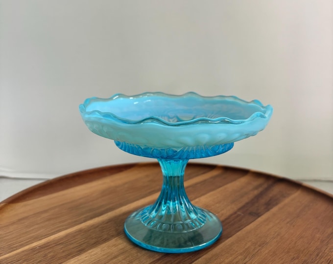 Vintage Fenton Blue Opal Tokyo Pattern Glass Compote Pedestal Bowl