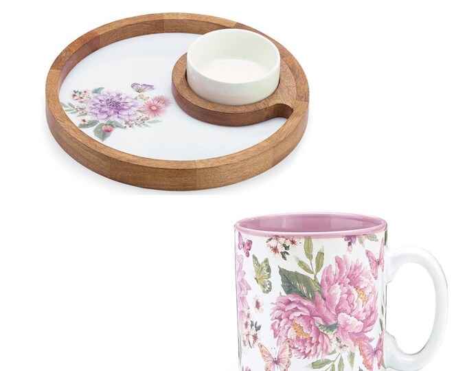 Floral Mug & Wooden Tray Gift Set – 2 Piece Bloom Collection
