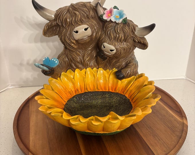 Highland Cow Yellow Sunflower Birdbath