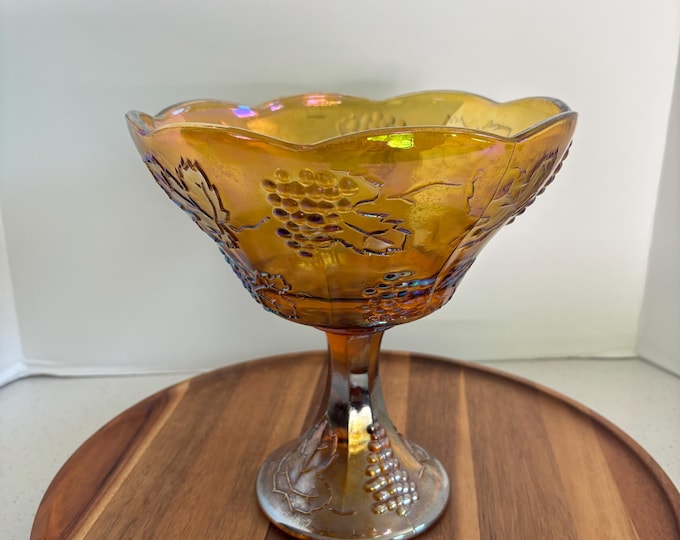 Vintage Indiana Glass Amber Carnival Pedestal Compote Bowl Harvest Grape