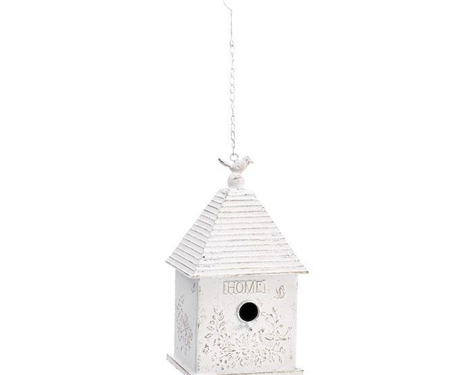 Rustic Metal Birdhouse: Whitewash Finish, Embossed Floral Design