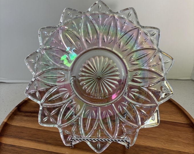 Vintage Iridescent Carnival Glass Tray: Celeste Petal Color-Burst Centerpiece