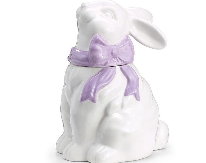 White Bunny with Purple Bow Ceramic Cookie Jar