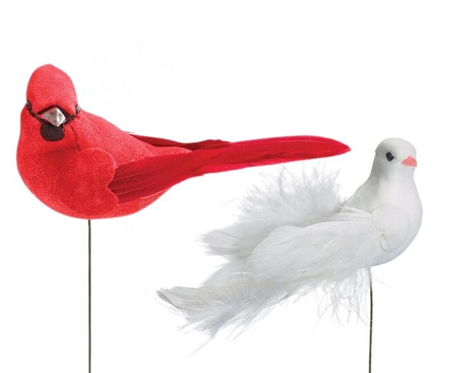 Cardinal & Dove Floral Picks: Holiday Bird Decorations - Set of 2