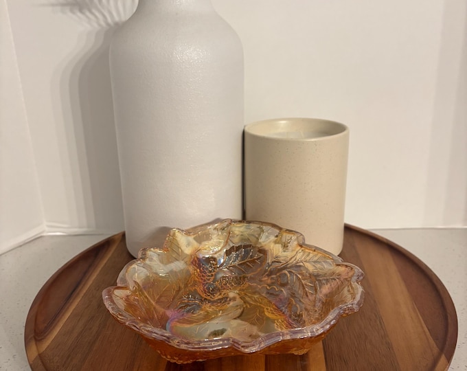 Indiana Glass Loganberry Leaf Carnival Glass Bowl – Amber Marigold Iridescent Candy Dish