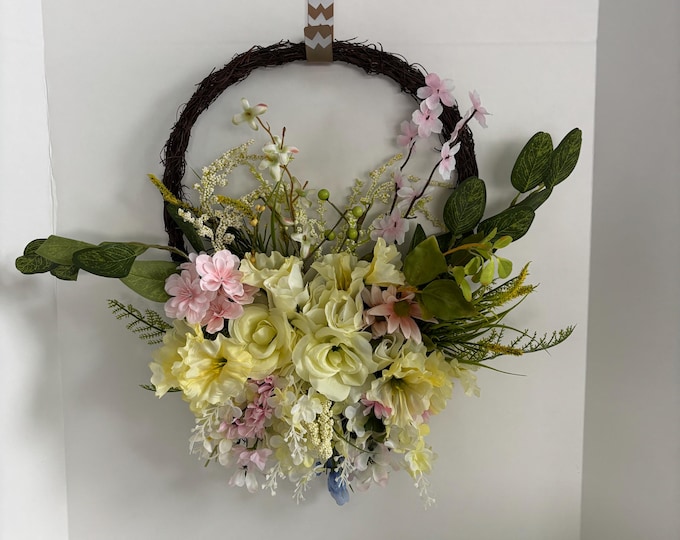 Spring Summer Basket Yellow Pink Flowers Florals Front Door Wreath