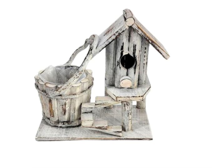 Rustic Whitewash Wood Birdhouse Planter