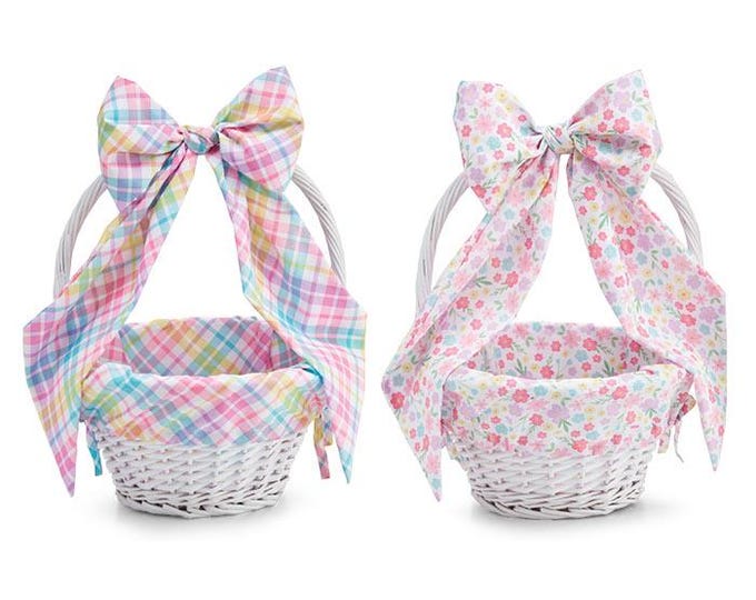 White Willow Basket with Spring Plaid or Flowers Fabric Liner and Bow