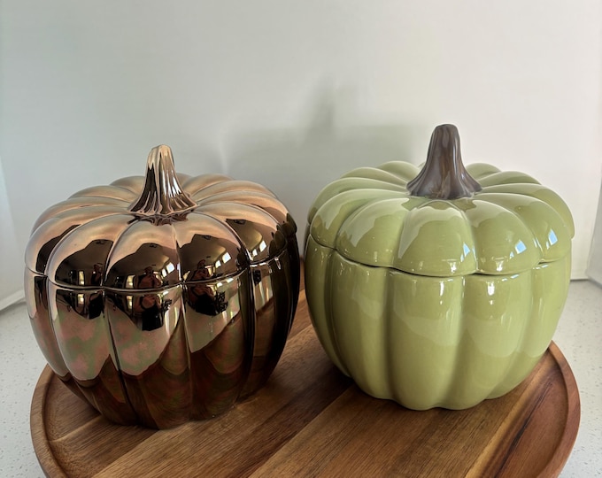 Ceramic Pumpkin Candy Dish w/ Lid in Green or Metallic Copper