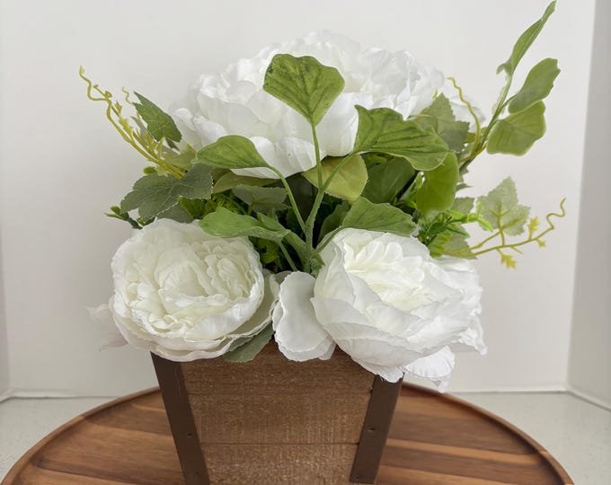White Peony Floral Arrangement in Distressed Brown Wood Planter