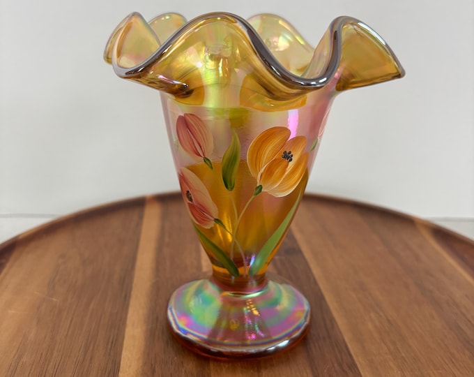 Vintage Fenton Ruffled Edge Iridescent Hand Painted Florals Autumn Gold Glass Vase