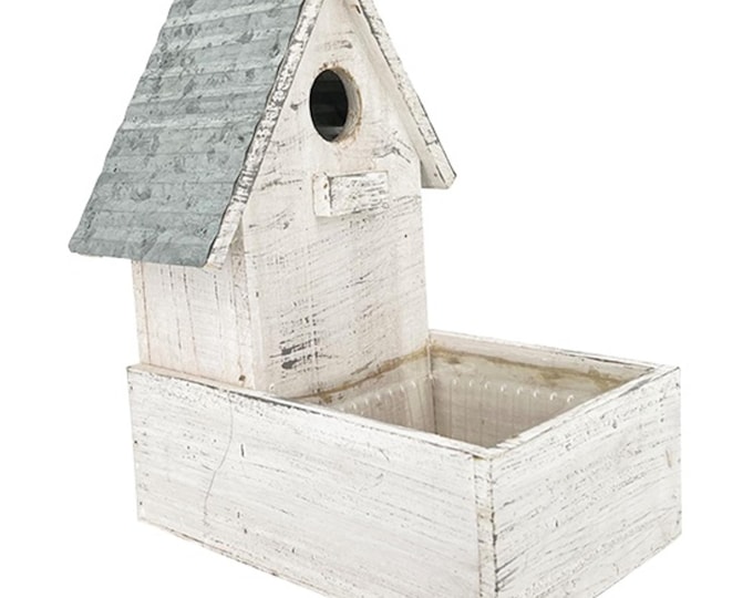 Whitewash Birdhouse w/ Tin Roof Planter